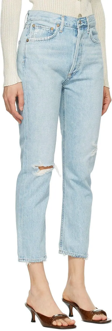 AGOLDE Blue Distressed Riley Straight Crop Jeans