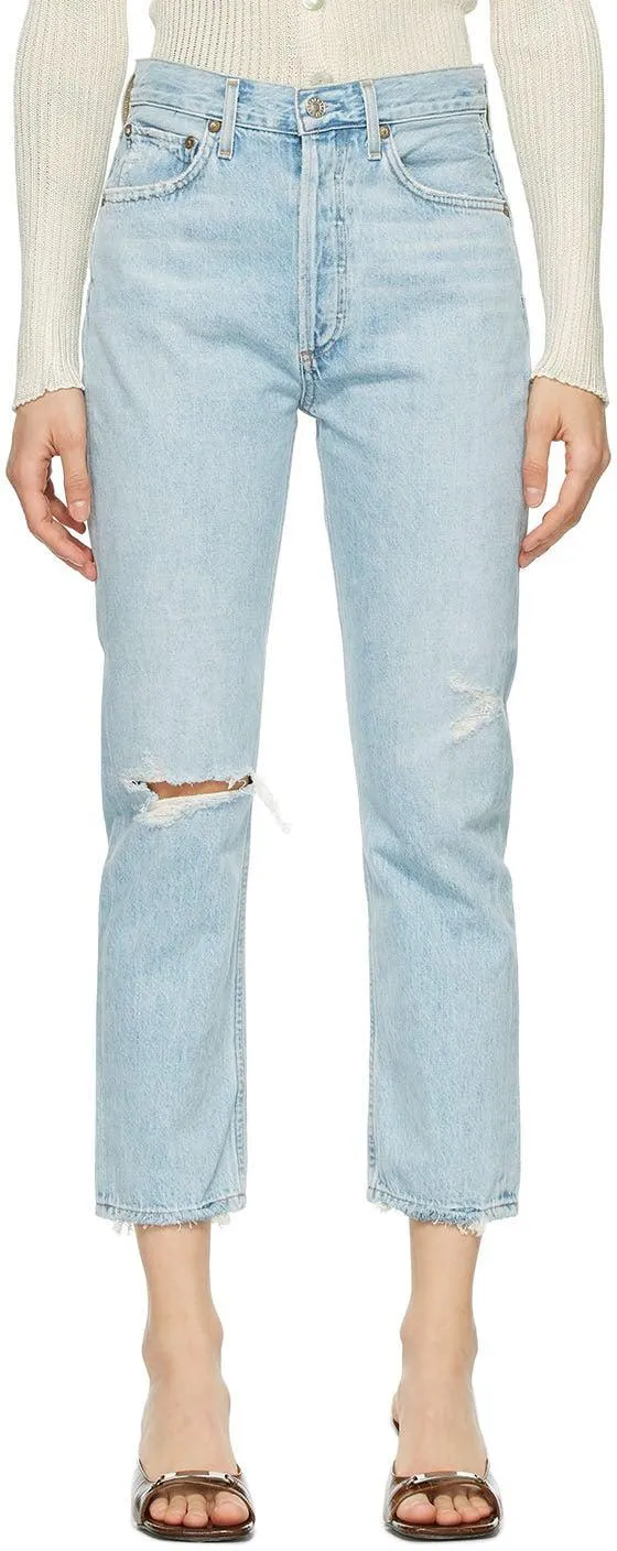 AGOLDE Blue Distressed Riley Straight Crop Jeans