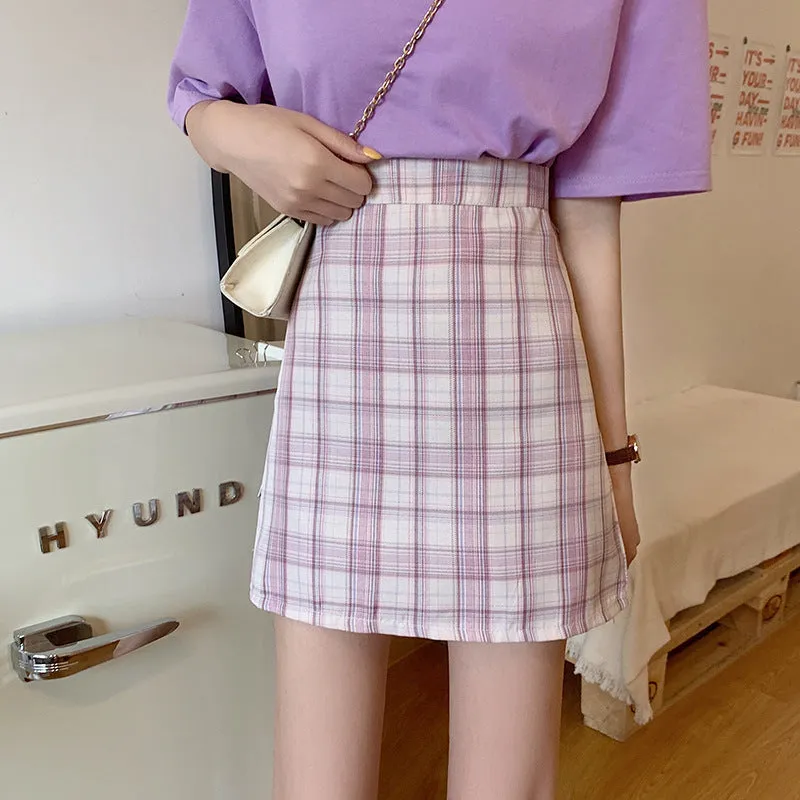 All-Matching Elegant Chequered Skirt Women Summer Teenage Girl College High Waist Slim Look A-Line Pencil Skirt