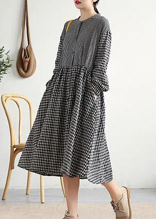 Bohemian o neck patchwork cotton linen Long Shirts Work Outfits black plaid Dress