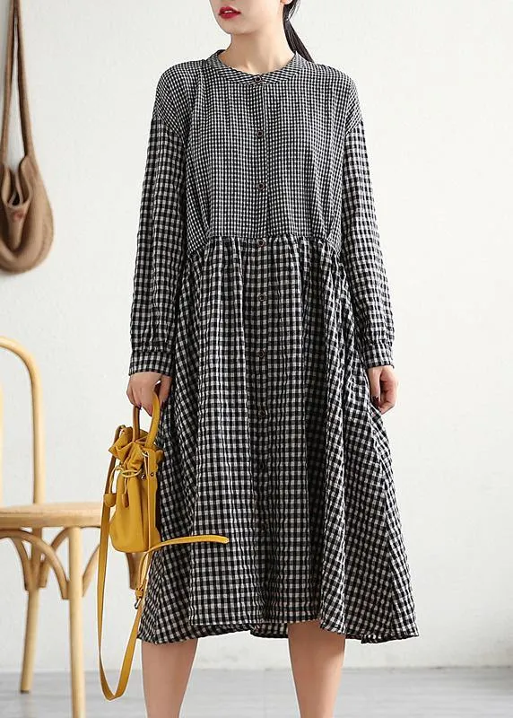 Bohemian o neck patchwork cotton linen Long Shirts Work Outfits black plaid Dress