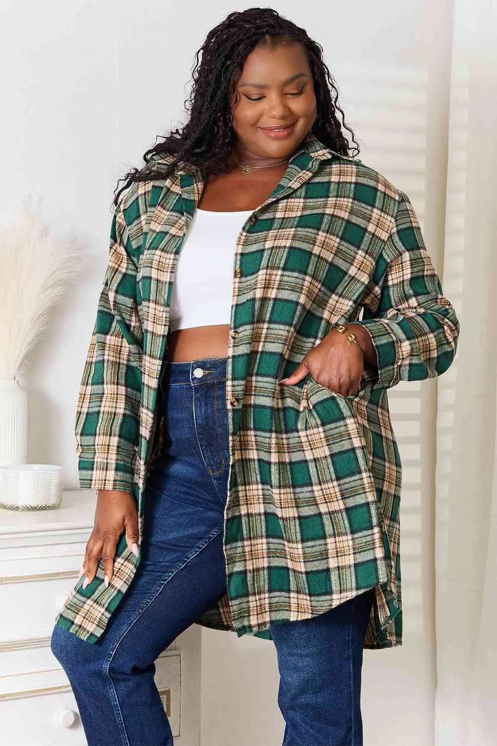 Extra Long Plaid Shirt in Green