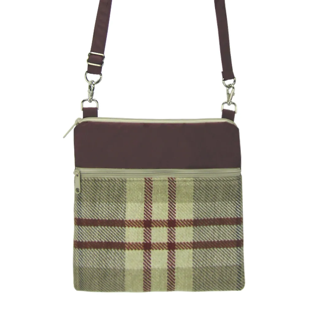 Plaid in Tan | Burgundy Nylon | Mini Square Crossbody Bag