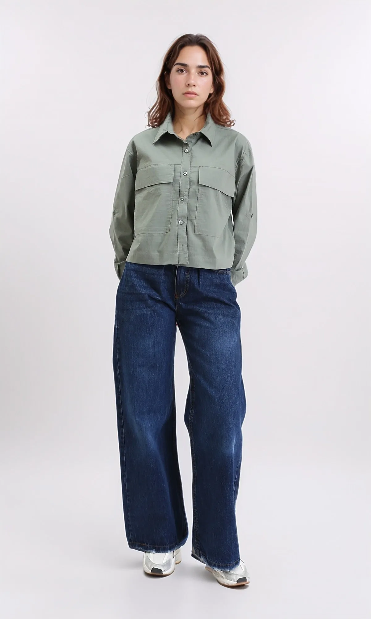 R209122 - Solid Short Shirt with Front Pockets - Dark Olive