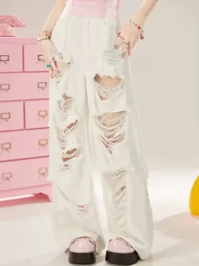 Ripped Denim Wide White