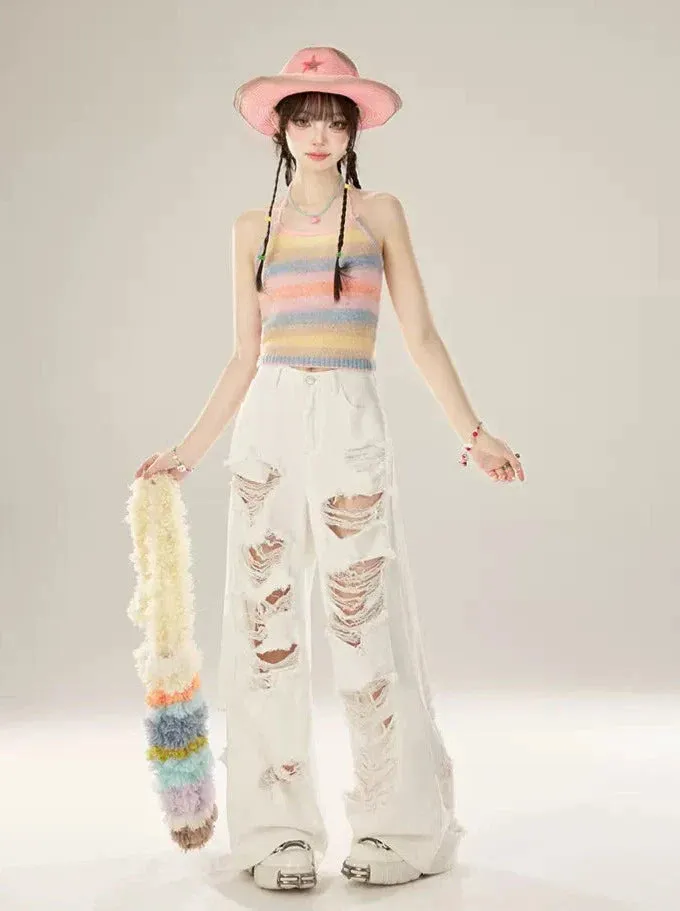 Ripped Denim Wide White
