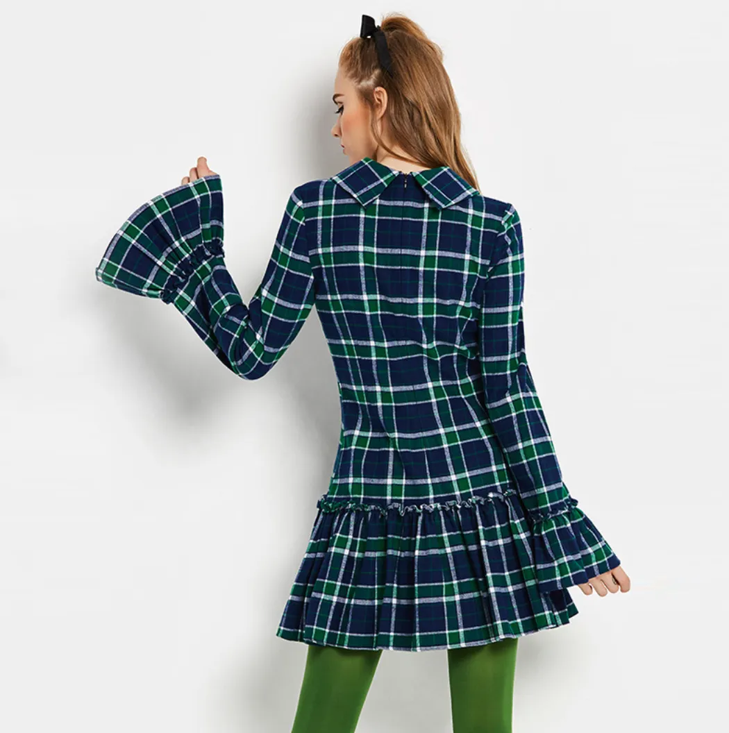 Vintage Mod 1960s Tartan Plaid mini dress with Trumpet Sleeves