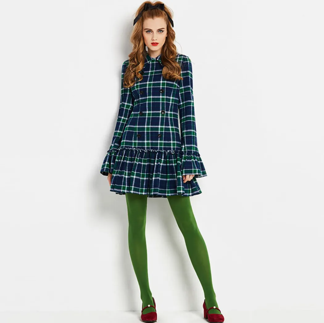 Vintage Mod 1960s Tartan Plaid mini dress with Trumpet Sleeves
